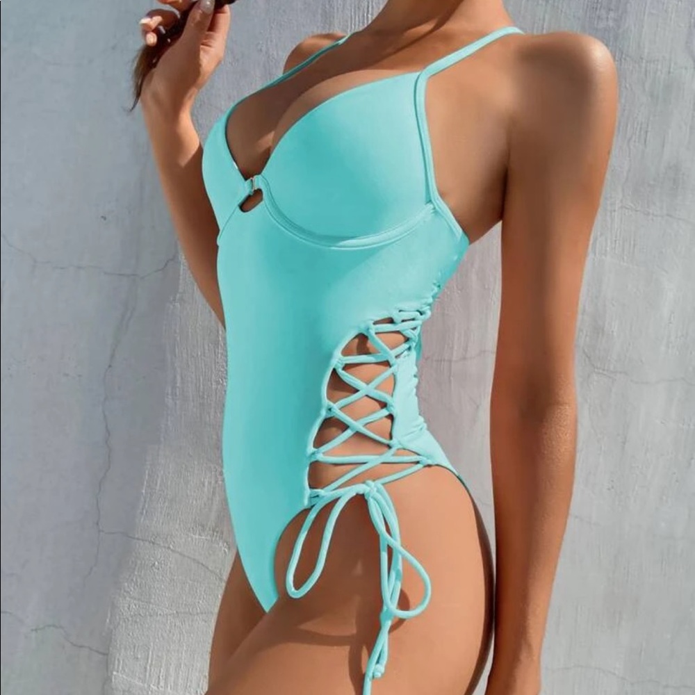 SHEIN aqua blue lace up side bathing suit